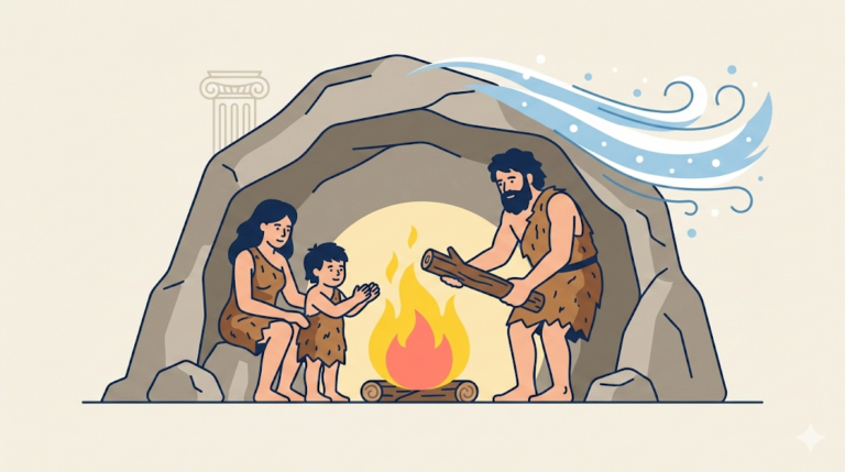 An early human family huddles around a central fire inside a cave to stay warm while wind blows outside, representing Ice Age survival in the History & Civilization category.
