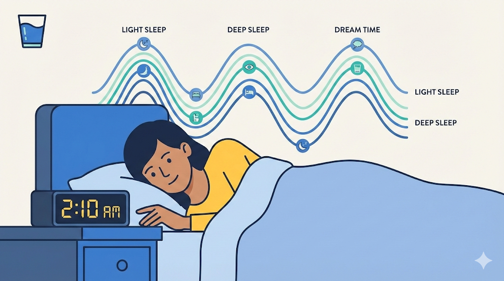 A woman in bed looks at a clock reading 2:10 AM, below a wavy diagram illustrating the steps of sleep cycles including light sleep, deep sleep, and dream time, accompanied by a water glass icon.