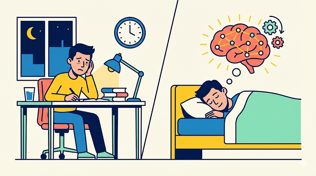 A split-panel illustration showing a tired man studying late at night versus sleeping peacefully while his brain processes information with connecting nodes, symbolizing how sleep aids memory consolidation.