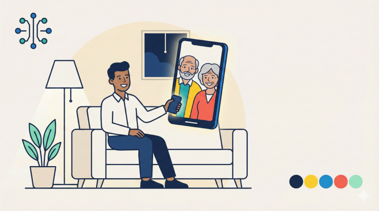 A WisdomEnglish style illustration showing a young man smiling as he connects with his elderly parents via a smartphone video call, depicting the emotional connection technology can provide.