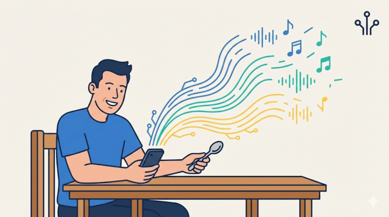 A smiling man at a table holds a smartphone and a spoon, with stylized sound waves converting into musical notes flowing from the devices, alongside a circuit node icon for Science, Tech & Future.