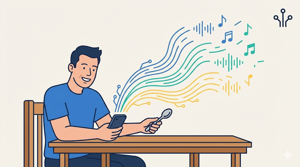 A smiling man at a table holds a smartphone and a spoon, with stylized sound waves converting into musical notes flowing from the devices, alongside a circuit node icon for Science, Tech & Future.