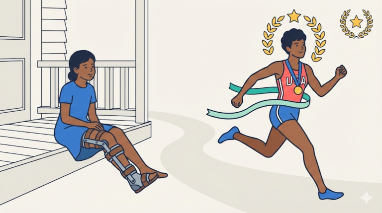 An illustration showing Wilma Rudolph as a young girl with a leg brace sitting on a porch on the left, and as an adult Olympic champion running and breaking the finish line ribbon with a medal on the right, connected by a path under the Great Lives laurel wreath icon.