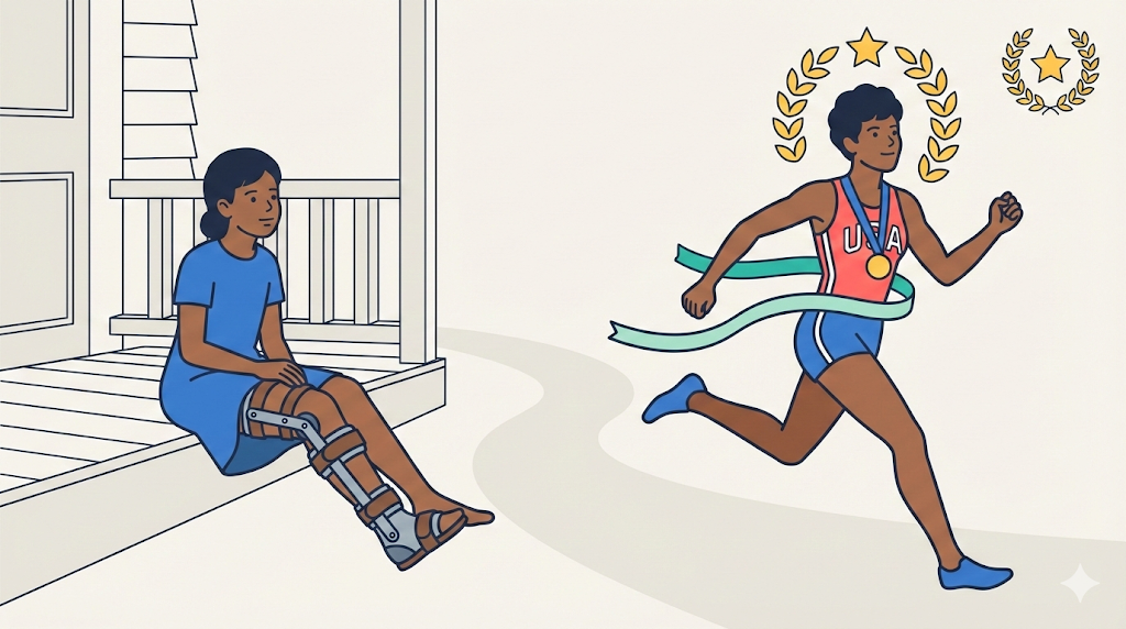An illustration showing Wilma Rudolph as a young girl with a leg brace sitting on a porch on the left, and as an adult Olympic champion running and breaking the finish line ribbon with a medal on the right, connected by a path under the Great Lives laurel wreath icon.