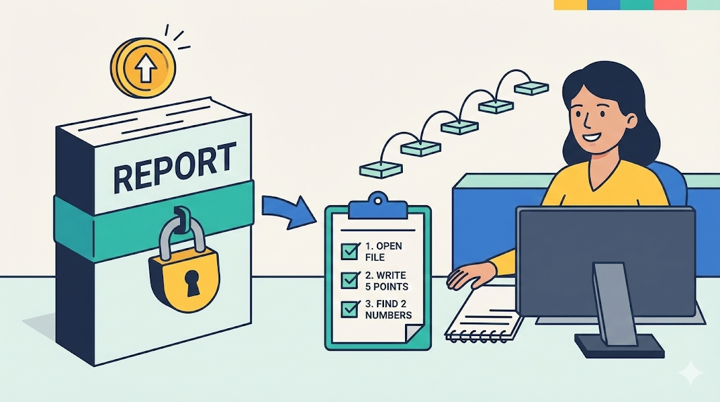 A woman at her desk smiles as a large, locked report book is broken down into a manageable three-step checklist on a clipboard, accompanied by a work and money coin icon.