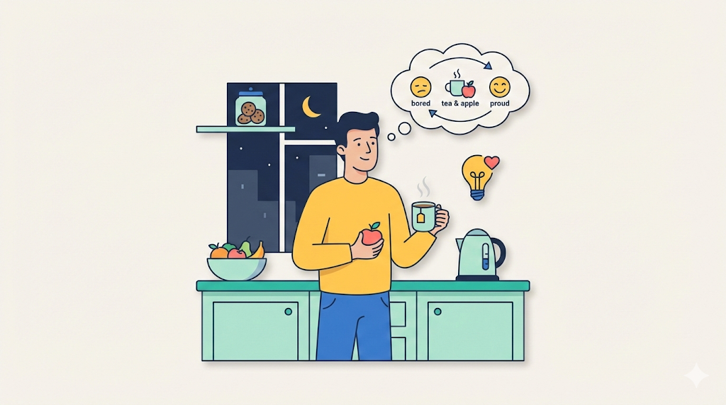 A flat vector illustration showing Tom in his kitchen at night, holding tea and an apple while visualizing his new positive habit loop of choosing healthy snacks over cookies when bored, accompanied by the Mind & Habits category icon.