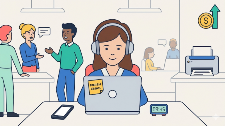 An illustration showing a woman wearing headphones focusing on her work at a desk with a sticky note and timer, blocking out office noise, under the Work & Money coin and arrow icon.