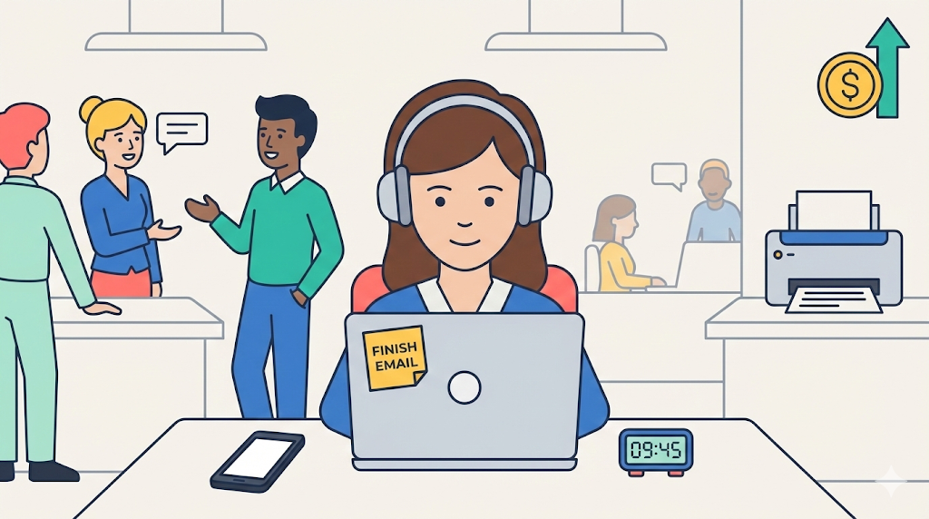 An illustration showing a woman wearing headphones focusing on her work at a desk with a sticky note and timer, blocking out office noise, under the Work & Money coin and arrow icon.