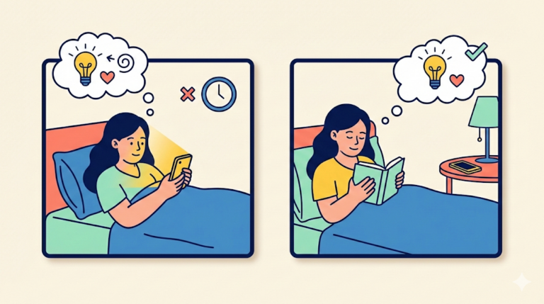 A two-panel illustration comparing bad and good bedtime habits, showing a woman scrolling on a phone versus reading a book in bed, with the Mind & Habits lightbulb and heart icon.