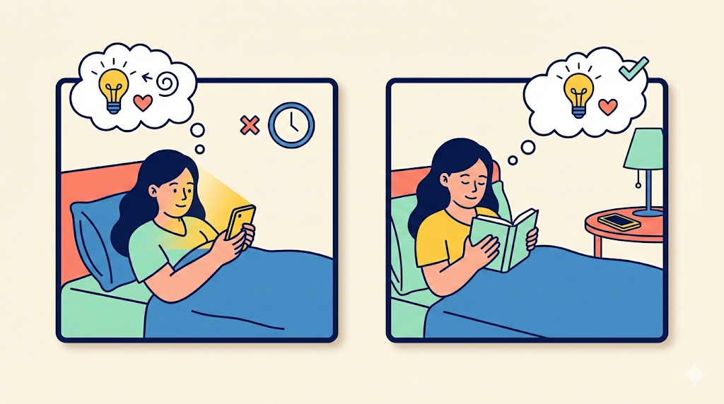 A two-panel illustration comparing bad and good bedtime habits, showing a woman scrolling on a phone versus reading a book in bed, with the Mind & Habits lightbulb and heart icon.