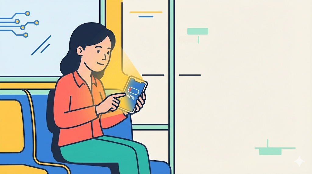A flat vector illustration shows a woman on a subway train looking at her smartphone, which displays a 40% battery icon and a bright glow. A circuit icon is in the top left corner.