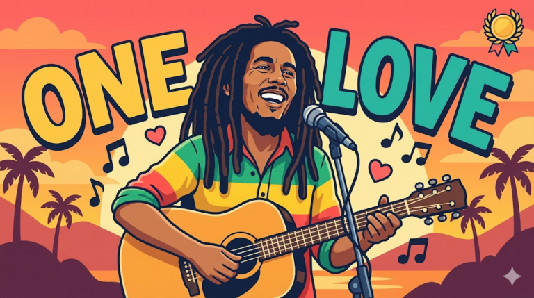 A flat vector illustration features Bob Marley singing and playing guitar with the text "ONE LOVE" prominently displayed against a tropical sunset background, symbolizing unity and peace, with a Great Lives laurel medal icon in the top right corner.