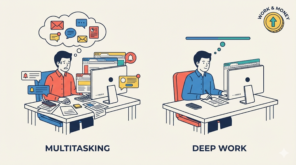 Jun sits at a clean desk focusing calmly on a single computer task, illustrating the power of deep work, alongside a coin and arrow icon for Work & Money.