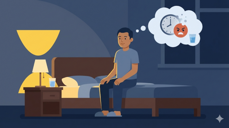 A flat vector illustration showing a man sitting calmly on the edge of his bed after waking from a stressful dream, indicated by a fading thought bubble of a clock and angry face, with a glass of water nearby representing Health & Body.