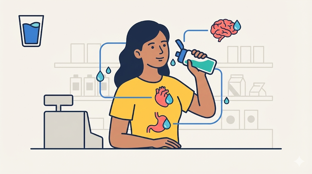 A woman drinks from a water bottle with a relieved expression, while simple icons of a heart and brain illustrate the benefits of hydration, accompanied by a health and body water glass icon.