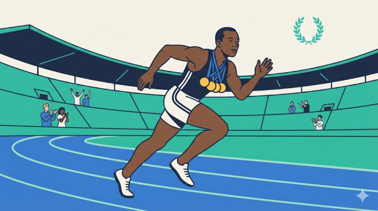 Jesse Owens runs with determination on a stadium track, wearing four gold medals while crowd members cheer, alongside a laurel wreath icon indicating Great Lives.