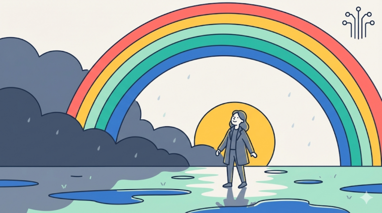 An illustration showing a woman looking up at a bright rainbow that appears after a storm, with the sun behind her and wet ground, under the Science, Tech & Future icon.