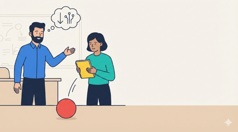 WisdomEnglish flat vector illustration for Science, Tech & Future: A teacher explains the concept of gravity to a student as a red ball falls from her notebook. The circuit nodes and lines icon is visible in a thought bubble indicating the topic.