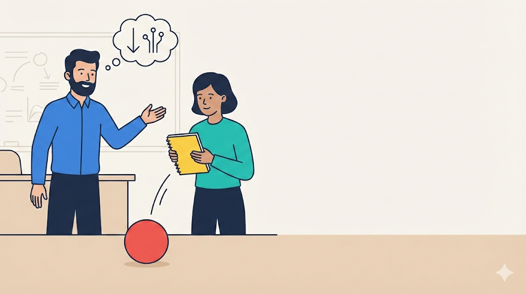 WisdomEnglish flat vector illustration for Science, Tech & Future: A teacher explains the concept of gravity to a student as a red ball falls from her notebook. The circuit nodes and lines icon is visible in a thought bubble indicating the topic.