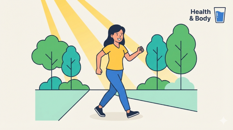 A bright flat vector illustration in the WisdomEnglish style showing a woman walking briskly outdoors in bright sunlight to fight afternoon sleepiness, accompanied by the Health & Body water glass icon.