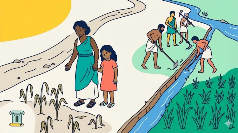 A bright flat vector illustration in the WisdomEnglish style showing ancient farmers digging irrigation channels to water green fields while a woman and child look at dry crops nearby, featuring the History & Civilization icon.