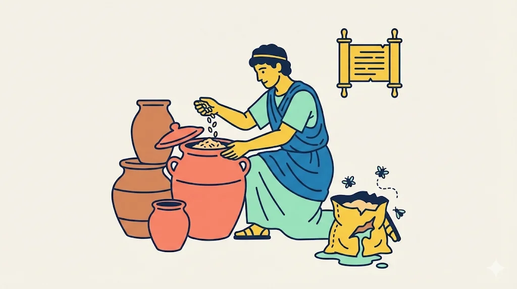 An ancient figure in classical attire stores grain in a large clay jar, contrasted with a broken bag and insects, featuring a history scroll icon in the corner.