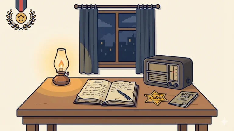 An open diary and a pen rest on a simple wooden table in a quiet room, symbolizing a message of hope, with the Great Lives medal icon in the top left corner.