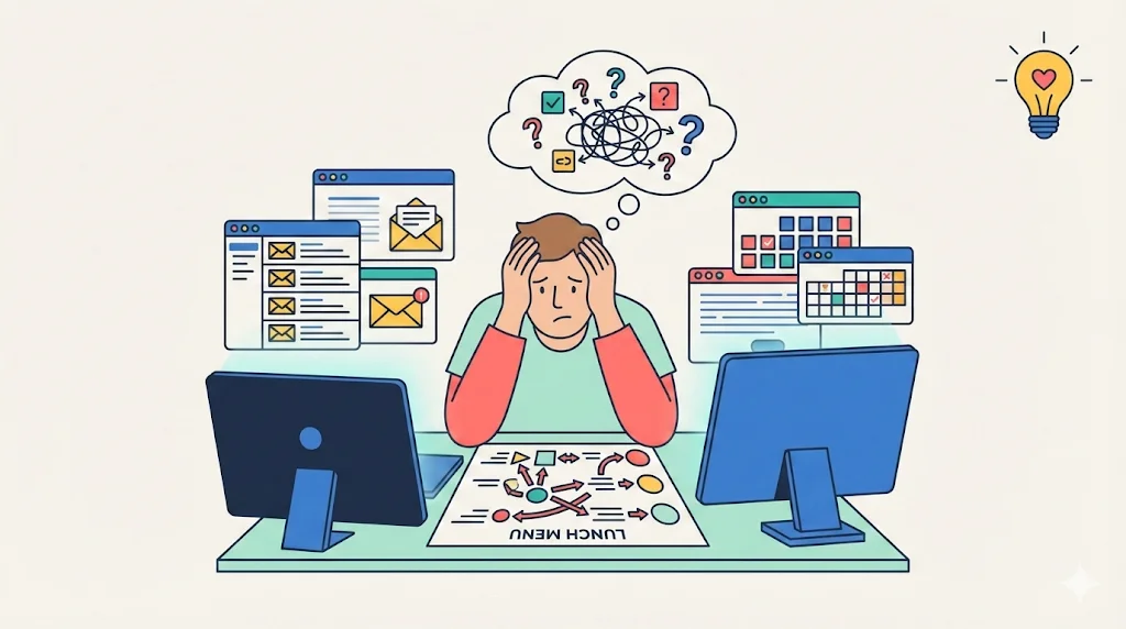 An overwhelmed man sits at a desk covered in emails, calendars, and a complex lunch menu, holding his head in stress with a confused thought bubble, illustrating decision fatigue for the Mind & Habits category (lightbulb and heart icon).