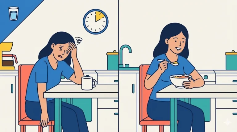 A woman sits at a table calmly eating a warm bowl of food to regain energy, featuring a health and body icon in the corner.