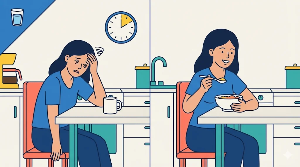 A woman sits at a table calmly eating a warm bowl of food to regain energy, featuring a health and body icon in the corner.