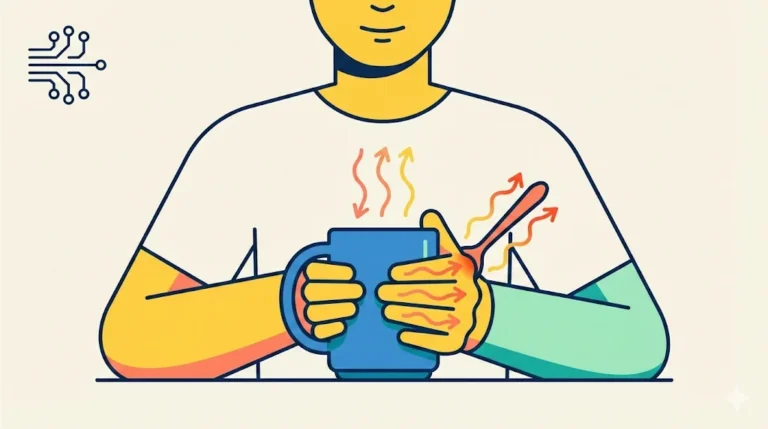 A flat vector illustration showing a person holding a blue mug and touching a warm metal spoon, with arrows depicting heat transfer to their hands, alongside a Science, Tech & Future category icon.