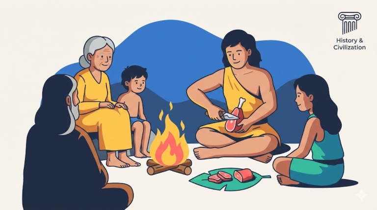 A person cuts a piece of meat with a sharp stone tool near a warm campfire, illustrating the impact of early tools, featuring a classical column icon in the corner.