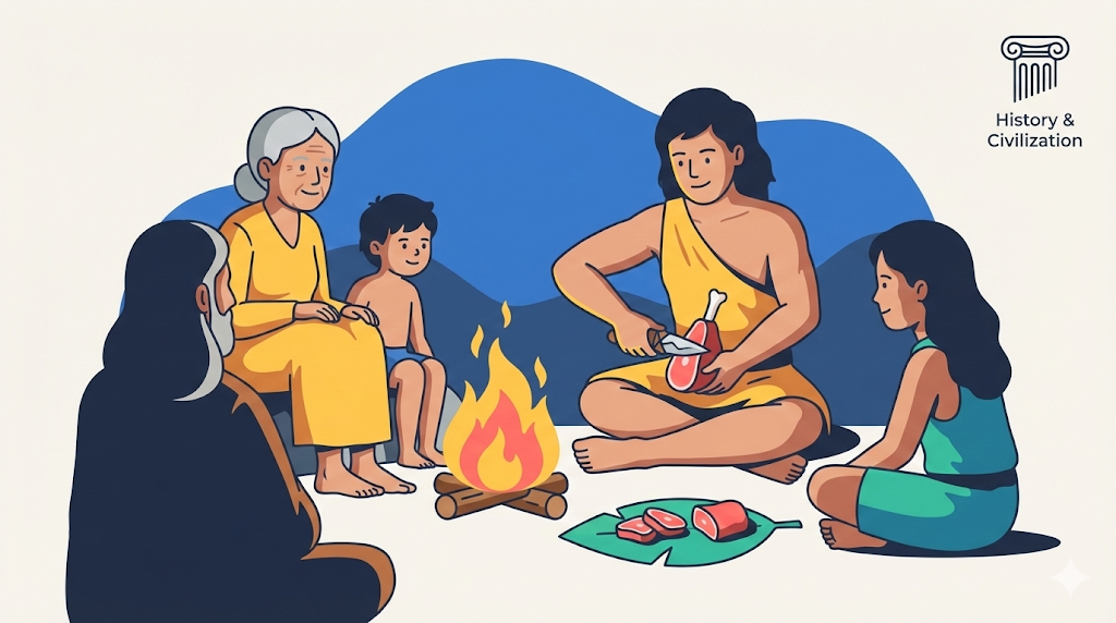 A person cuts a piece of meat with a sharp stone tool near a warm campfire, illustrating the impact of early tools, featuring a classical column icon in the corner.
