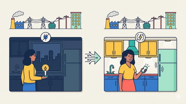 A flat vector illustration showing a woman in a dark kitchen during a power outage contrasted with her in a lit kitchen after restoration, featuring a power grid diagram above and the Science, Tech & Future circuit icon.