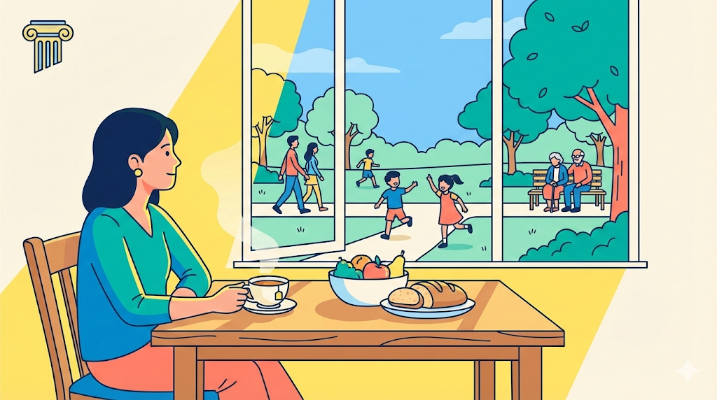 A woman enjoys a slow weekend breakfast at a table while looking out a large window at people relaxing in a park, with the classical column icon in the corner.