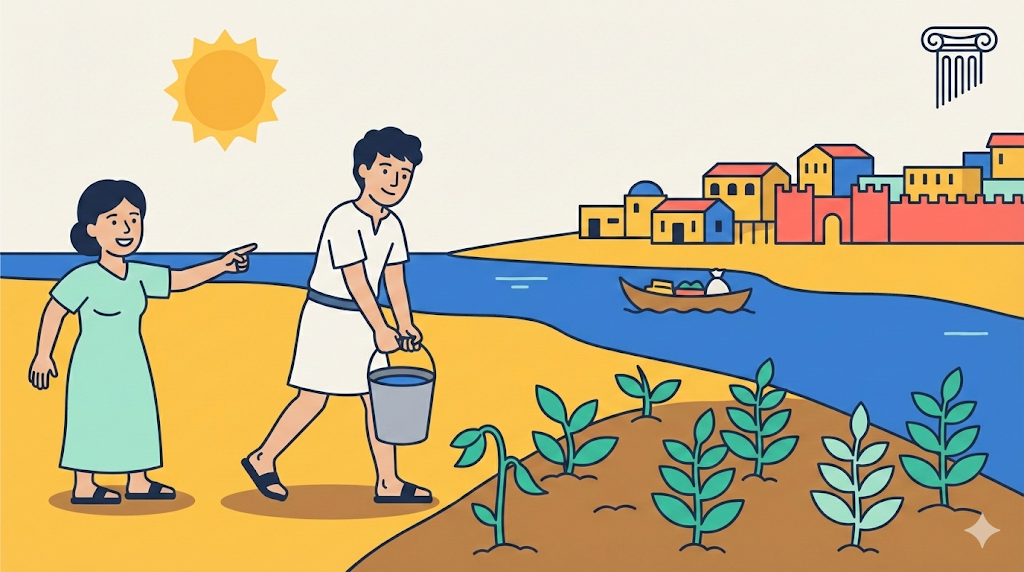 Tom and his mother, with lighter skin tones, carry water from a river to plants near an ancient city, illustrating how rivers helped civilizations grow, with the History & Civilization icon.