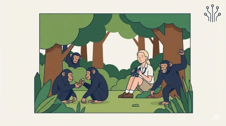 A flat vector illustration of Jane Goodall sitting in a forest clearing, using binoculars to observe several chimpanzees exhibiting individual behaviors, with the Science, Tech & Future category icon in the top right.
