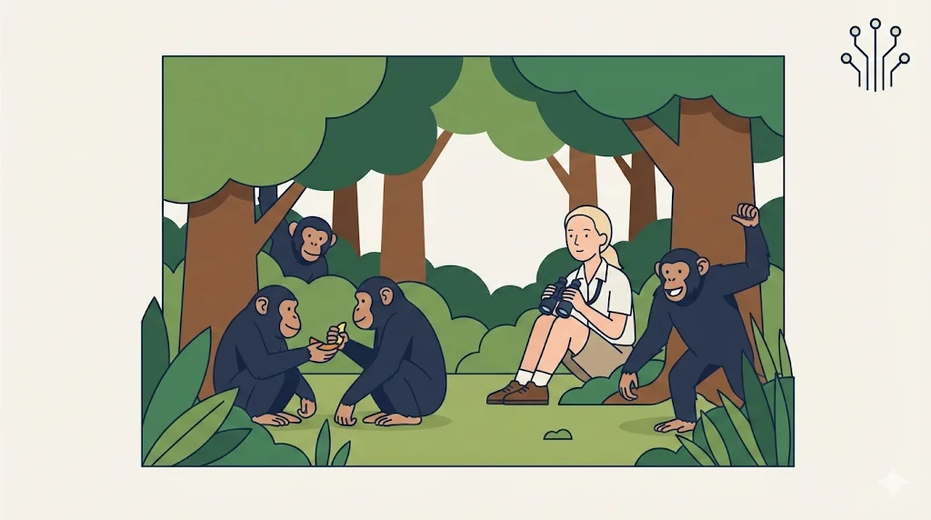 A flat vector illustration of Jane Goodall sitting in a forest clearing, using binoculars to observe several chimpanzees exhibiting individual behaviors, with the Science, Tech & Future category icon in the top right.