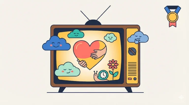 A retro television set displaying a warm heart and calm clouds to symbolize the power of kindness and slow pacing, featuring a medal icon for Great Lives.