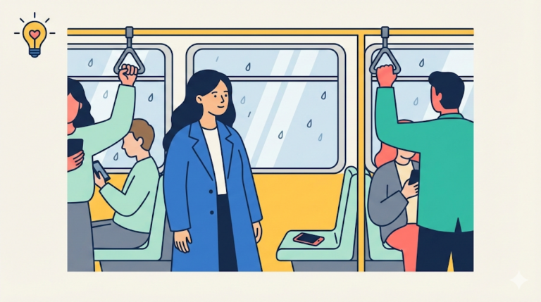 A flat vector illustration showing a woman standing calmly on a crowded bus with her phone face down on a seat, looking out a rainy window, representing a moment of silence under the Mind & Habits lightbulb icon.