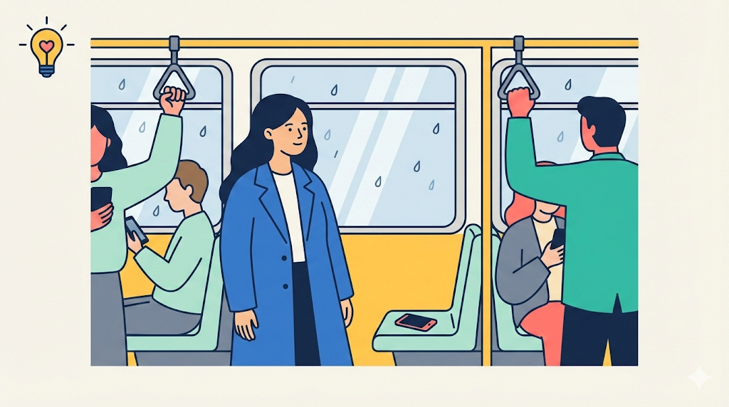A flat vector illustration showing a woman standing calmly on a crowded bus with her phone face down on a seat, looking out a rainy window, representing a moment of silence under the Mind & Habits lightbulb icon.