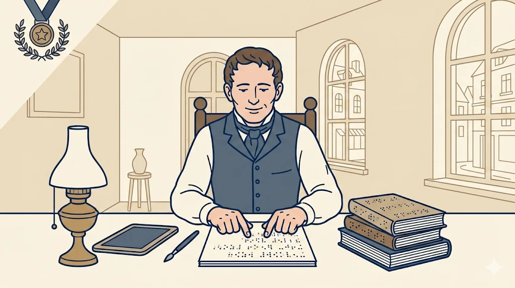 Louis Braille sits at a desk, smiling as he reads raised Braille dots on a page with his fingertips, with books stacked beside him and the Great Lives medal icon in the top left corner.
