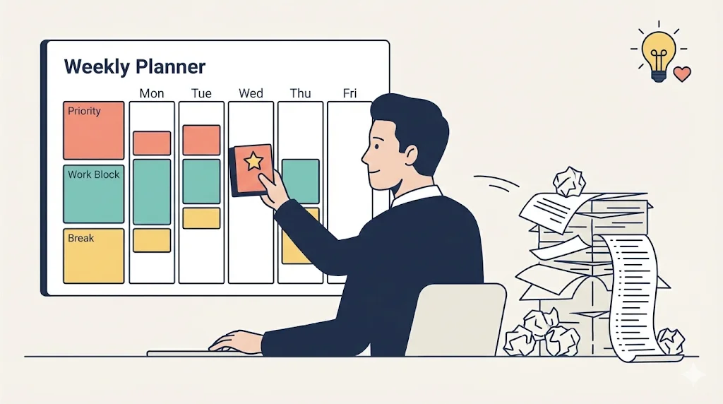 A man calmly uses a simple weekly calendar board to set priorities and reduce paper clutter, featuring the Mind & Habits lightbulb and heart icon.