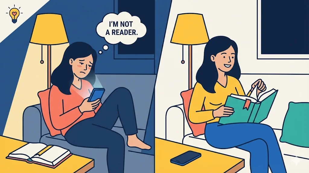 A two-panel flat vector illustration showing a woman on the left sadly scrolling her phone with a negative thought bubble, and on the right smiling while reading a book to act on a new identity, with a mind and habits icon in the corner.