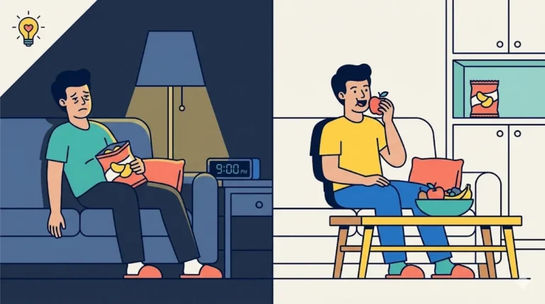 An adult sits in a living room and chooses a bright red apple from a bowl on the table, symbolizing better habits, with a mind and habits icon in the corner.