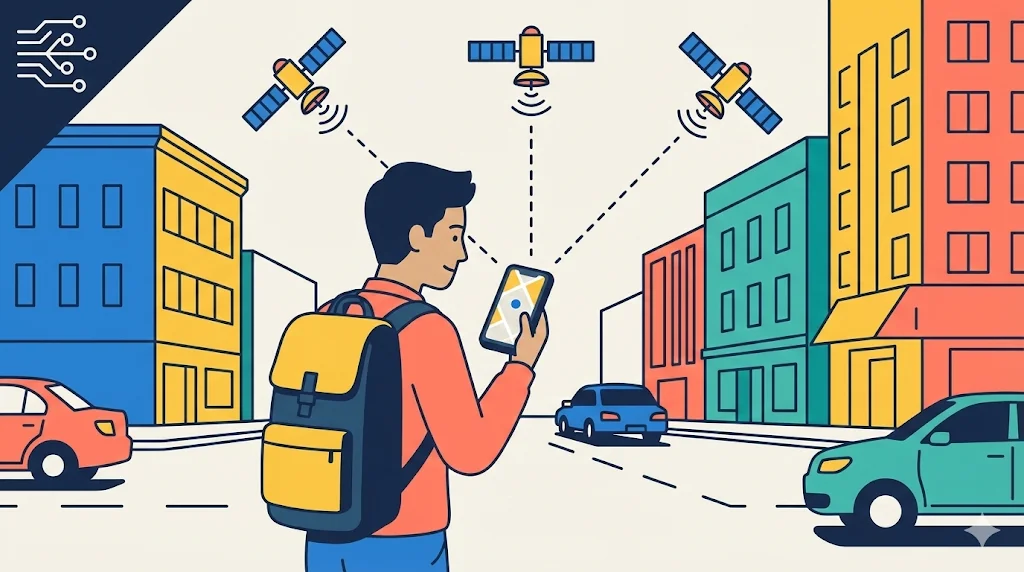 A man navigates a city street using a smartphone map with a blue dot, receiving GPS signals from three orbiting satellites, with a science and technology icon in the corner.