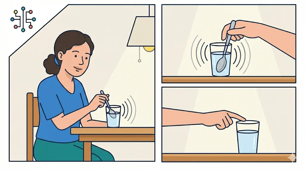 A three-panel flat vector illustration where a fair-skinned woman taps a glass of water with a spoon, creating sound waves, and then touches the glass to stop the vibration, with a science and technology icon in the corner.