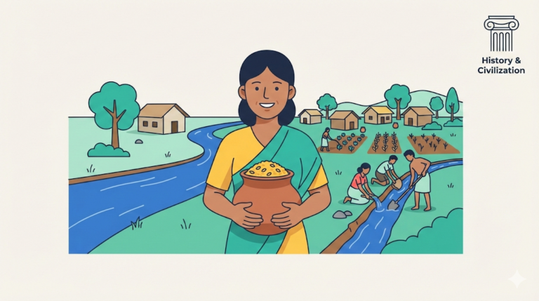 Mina holds a clay pot filled with surplus grain near a flowing river and early village homes, symbolizing the beginning of settled civilization, featuring a classical column icon in the corner.