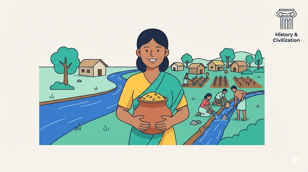 Mina holds a clay pot filled with surplus grain near a flowing river and early village homes, symbolizing the beginning of settled civilization, featuring a classical column icon in the corner.