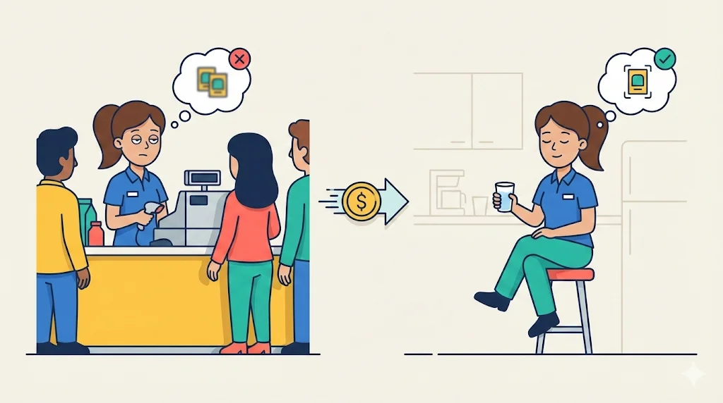 A flat vector illustration showing a tired cashier making errors at a busy counter on the left, contrasted with the same cashier resting and thinking clearly in a break room on the right, including the Work & Money coin and arrow icon.Alt Text for WordPress: